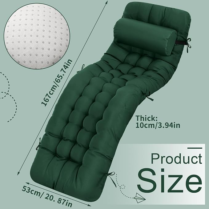 Tudomro Outdoor Chaise Lounge Cushion 66x21x4'' Waterproof & Fade-Resistant Patio Pool Chaise Lounge Cushion Headrest Pillow Tie Replacement Rocking High Back Chair(Hunter Green,Set of 2)