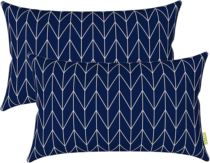 LVTXIII Set of 2 Patio Lumbar Pillows, 12”x20” Fade Resistant Outdoor Lumbar Pillow with Inners, Fluffy Decorative Garden Lumbar Cushions for Home Patio Coach Sofa Use, Herringbone Navy