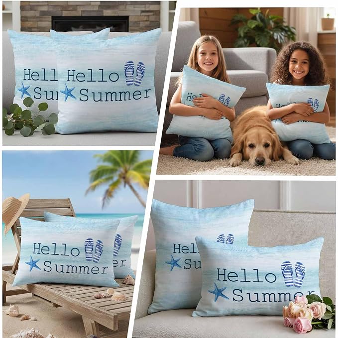 Outdoor Waterproof Pillow Covers 16x16Inch Hello Summer Starfish Flip Flops Throw Pillowcases for Patio Garden Couch Sofa Blue Gradient Decorative Cushin Case,Pack of 2