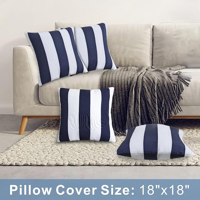 JMGBird 18x18 Blue with White Throw Pillows with Inserts Included | Pack of 2 Decorative Pillows with Inserts - 18x18 Water-Resistant Navy Blue with White Stripe Outdoor Throw Pillows