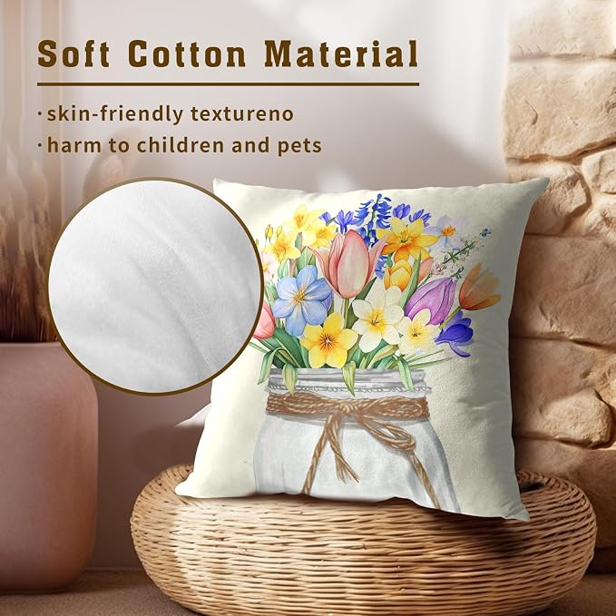 Easter Spring Flowers Pillow Covers 20x20 Inch, Set of 2 Colorful Tulips Lavender Floral Mason Jar Throw Pillowcases with Zipper Square Cushion Cover for Couch Sofa Bed Home Decor