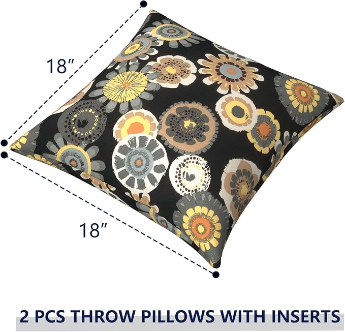 Outdoor Pillows for Patio Furniture 18x18 inch, Square Outdoor Throw Pillows with Inserts, Decorative Toss Pillows for Garden Couch Home Sofa Office Chair, Pack of 2,Black Yellow Crosby
