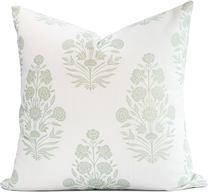 Modern Farmhouse Fall Linen Indoor Outdoor Throw Pillow Cover Only, 20"x20" Water Repellent for Patio, Backyard, Couch, Light Green Neutral Floral