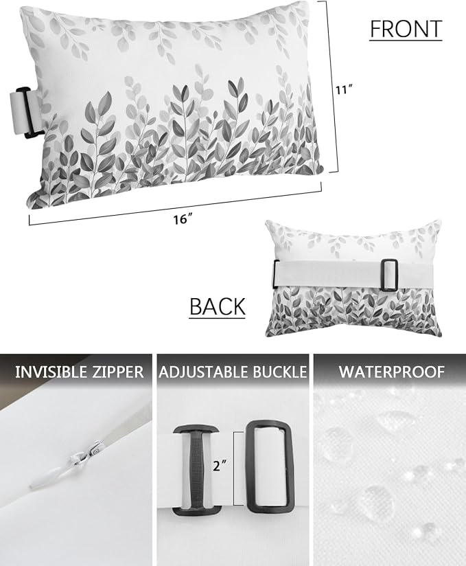 Outdoor Pillows Waterproof Covers Set of 2, Gray Eucalyptus Leaf Adjustable Elastic Chaise Lounge Headrest Pillow Covers, Watercolor Leaves Lumbar Pillow for Pool Beach Patio Furniture 11x16 Inch