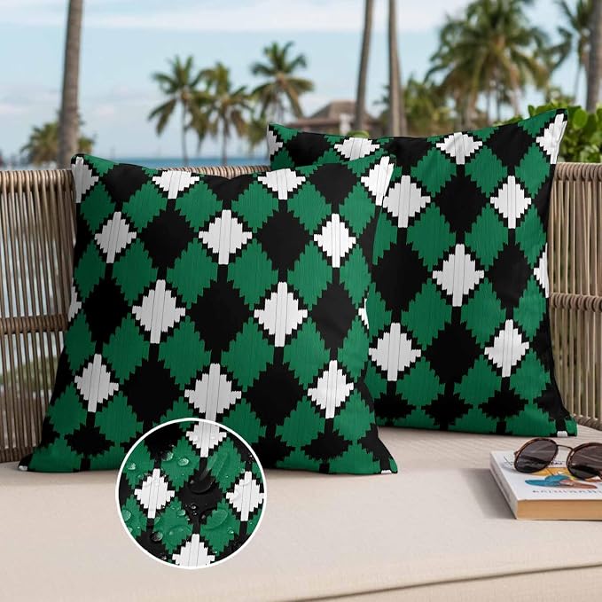Vintage Rhombus Outdoor Waterproof Throw Pillow Covers Set of 2, 24"x24", Green Black White Decorative Pillow Covers Outside Cushion Case for Patio Porch Garden