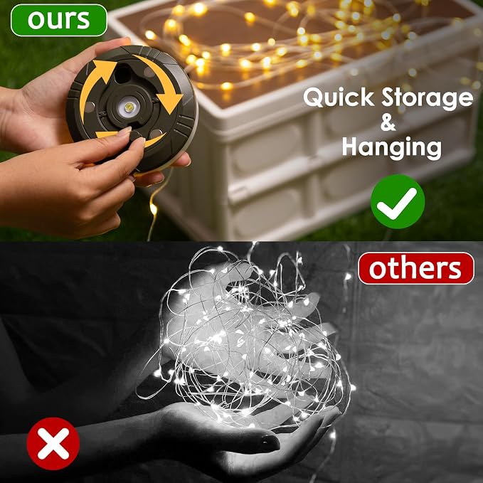 2 Pack Camping String Lights 4 in 1, 8 Modes Rechargeable Fairy Tent Lights | 30s Quick Storage, 32.8FT RGB Retractable Lights, Camping Essential Gear, Waterproof Hanging LED Lantern, Outdoor Party Decor