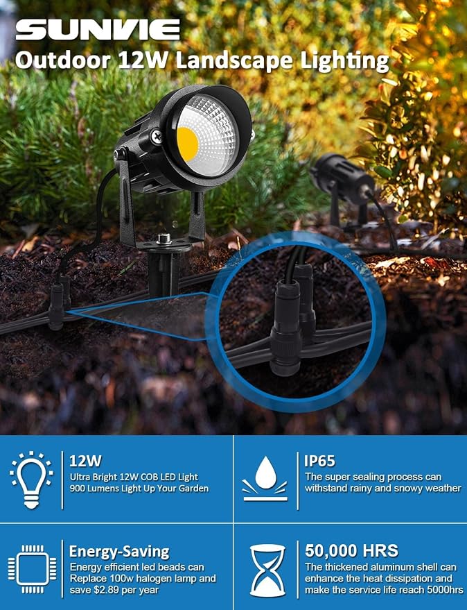 SUNVIE Low Voltage Landscape Lights Landscape Lighting with Connector 8Pack | Waterproof LED Landscape Lights Low Voltage Warm White 900LM Wall Tree Flag Outdoor Spotlights (Require Transformer))