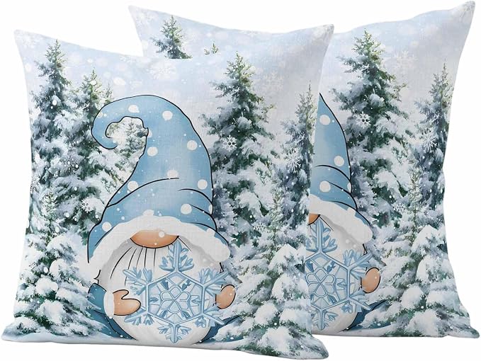 Christmas Gnome Outdoor Pillow Covers Set of 2, Xmas Blue Snowflake Decorative Waterproof Throw Pillowcase Winter Snowy Pine Forest Cotton Linen Soft Cozy Cushion Cover Pillowsham 16x16In