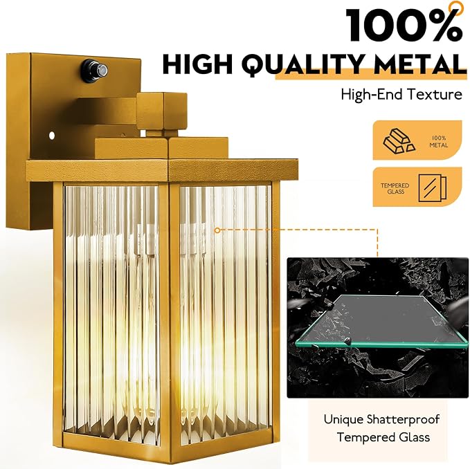 2 Pack Gold Dusk to Dawn Outdoor Wall Light, All-Metal Frame | Auto On/Off, Rust-Resistant,Tempered Glass, Easy DIY Install on Porch, Garage