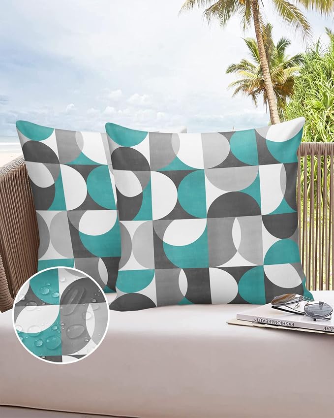 Vandarllin Outdoor Throw Pillows Covers 24x24 inch Set of 2 Waterproof Mid Century Geometric Decorative Zippered Cushion Covers for Patio Furniture, Abstract Modern Teal Lumbar Pillowcases