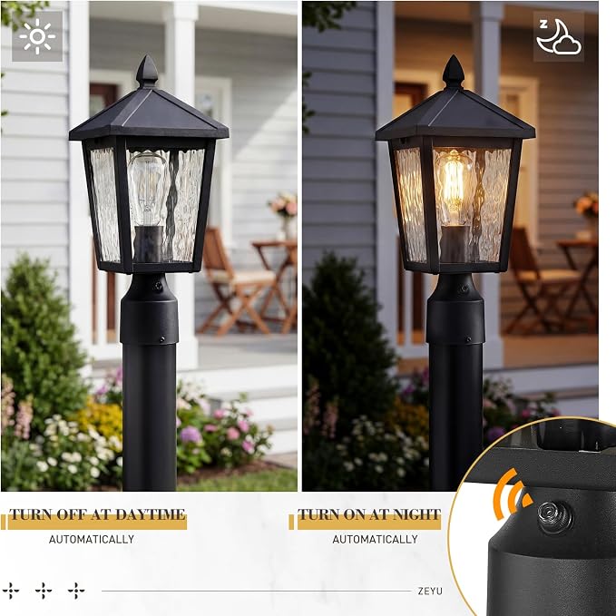 zeyu Lantern Post Light Fixture with Photocell Sensor, 13.7 Inch Dusk to Dawn Outdoor Post Lighting, Exterior Pole Lighting Fixture with Water Ripple Glass, 20076PS-PC BK-WP