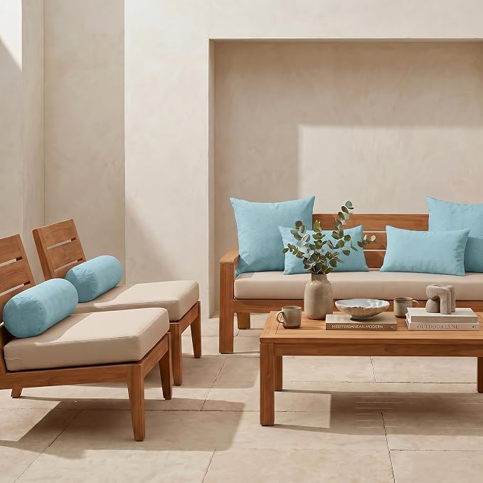 RSH DECOR: 6-Pack Pillow Set | Sunbrella Performance Fabric |Water & Fade-Resistant| 17" Square, 20"x12" Lumbar, 20"x6" Neck Roll | Outdoor Pillows for Patio Furniture | Made in USA (Cast Mineral)