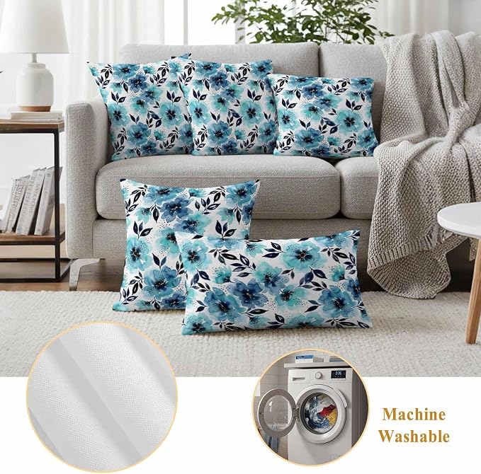 Botanical Floral Leaves Outdoor Pillow Covers 20"x12" Set of 2, Watercolor Painting Blue Gradient Blooms Waterproof Throw Pillow Covers for Patio Furniture, Decorative Cushion Covers for Porch