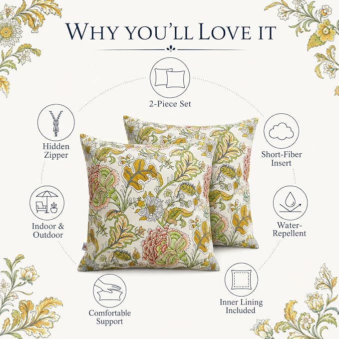 Outdoor Throw Pillows 18×18 Inch Pack of 2 Waterproof Decorative Throw Pillows with Inserts, Square Pillows for Garden Couch Sofa and Patio Furniture