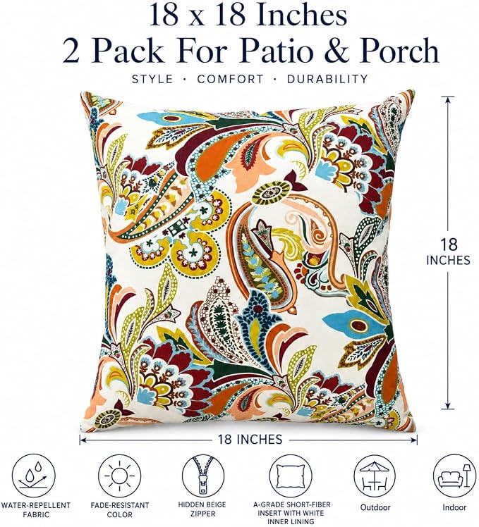 Outdoor/Indoor Decorative Throw Pillows 18×18 Inch | Pack of 2 Waterproof Decorative Throw Pillows with Inserts, Square Pillows for Bed, Couch, Sofa and Patio Furniture