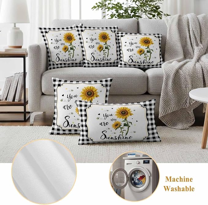 Vandarllin Outdoor Throw Pillows Covers 18X18 Set of 2 Waterproof Yellow Sunflower Bees Decorative Zippered Lumbar Cushion Covers for Patio Furniture, Black Buffalo Check Plaid