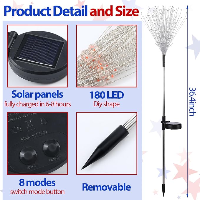 Tujoe 12 Pcs 4th of July Solar Firework Stake Lights 180 LED 8 Modes Solar Waterproof LED Sparkler Lights Outdoor Patriotic Decoration for Memorial Independence Day Garden Patio Yard(Red, Blue, White)