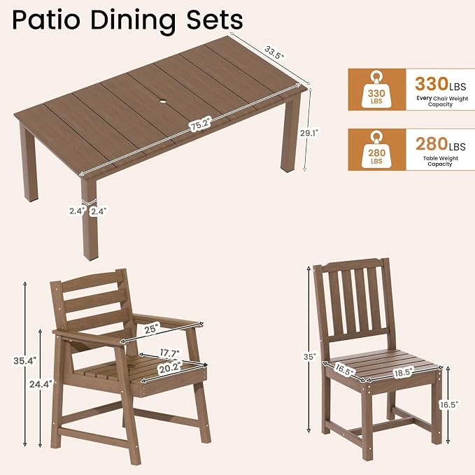 Ayge 9-Piece Outdoor Dining Set – HDPE Patio Furniture for 8 with 2" Hole Cut-Out Table & 8 Chairs, Perfect for Pool, Patio, Garden, Brown