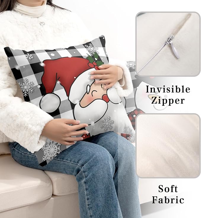 Santa Snowman Christmas Pillow Covers 22x22 Black and White Plaid Winter Throw Pillows Cases Warm Touch Xmas Decorative Cushion Cases for Indoor Bed Sofa in 2 Pcs