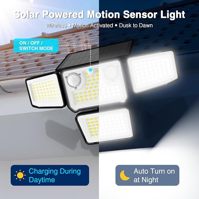 4500LM Solar Lights Outdoor Waterproof, 197 LED Solar Flood Lights Outdoor with 2 Motion Sensor, 4 Heads Security Light for Yard Outside House Garage 1 Pack