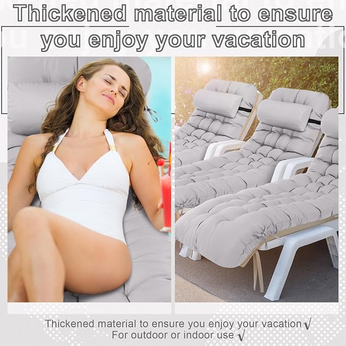Tudomro Outdoor Chaise Lounge Cushion 66x21x4'' Waterproof & Fade-Resistant Patio Pool Chaise Lounge Cushion Headrest Pillow Tie Replacement Rocking High Back Chair(Light Gray,Set of 2)