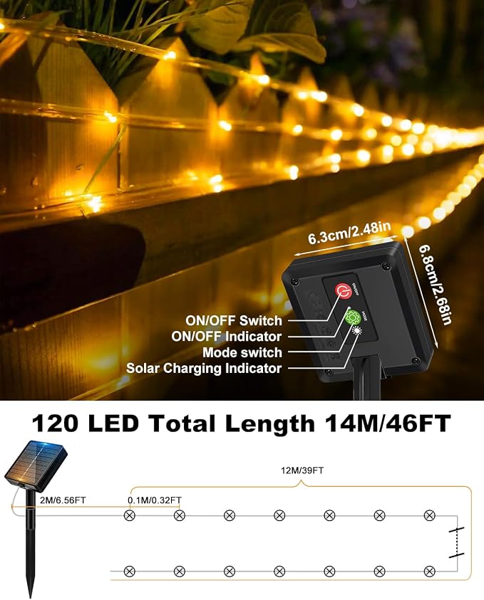 btfarm 4 Pack Solar Rope Lights, 120LED 46FT Solar String Lights Outdoor Waterproof, 8 Lighting Modes Solar Powered Strip Tube for Outside Garden Tree Christmas Yard Patio Wedding Decor, Warm White