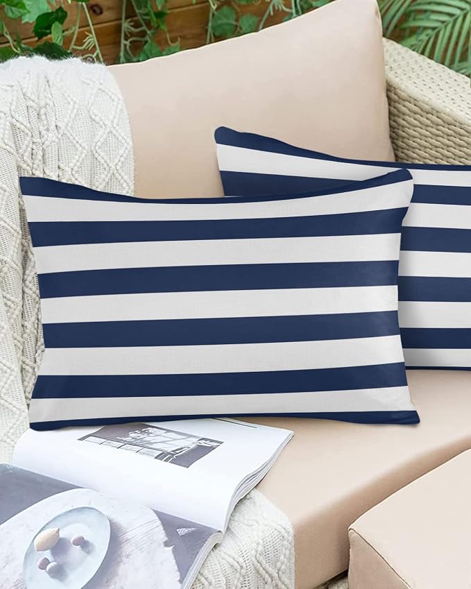 Simple Navy Blue White Stripes Outdoor Pillow Covers Set of 2,Decorative Waterproof Throw Pillow Case, Nautical Theme Stripe Cotton Linen Soft Cozy Cushion Pillowcases