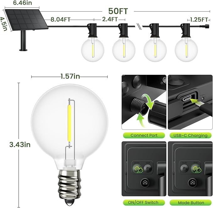 Svater Solar Outdoor String Lights 50 FT, G40 Patio Lights Shatterproof Dimmable Vintage Edison Bulbs, Solar Powered Weatherproof Light for Patio, Backyard, Garden, Bistro, Warm White