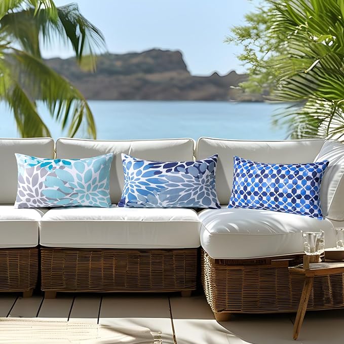 12x20 Waterproof Outdoor Pillows, Set of 2 Outdoor Lumbar Pillows | Patio Furniture Pillows, Decorative Throw Pillows, Waterproof & Fade Resistant, Removable & Washable, Blue White with Plaid