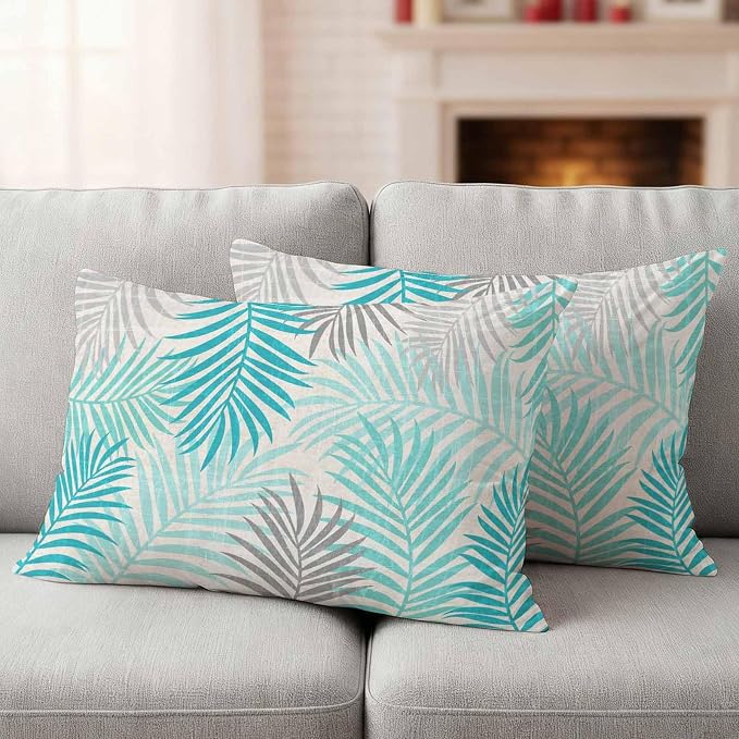 Outdoor Waterproof Throw Pillow Covers, Teal Grey Palm Leaves Decorative Pillow Cases, Summer Botanical Tropical Leaf Couch Pillow Protector Patio Sofa Cushion Covers Replacement 20"x12" 2 Pack