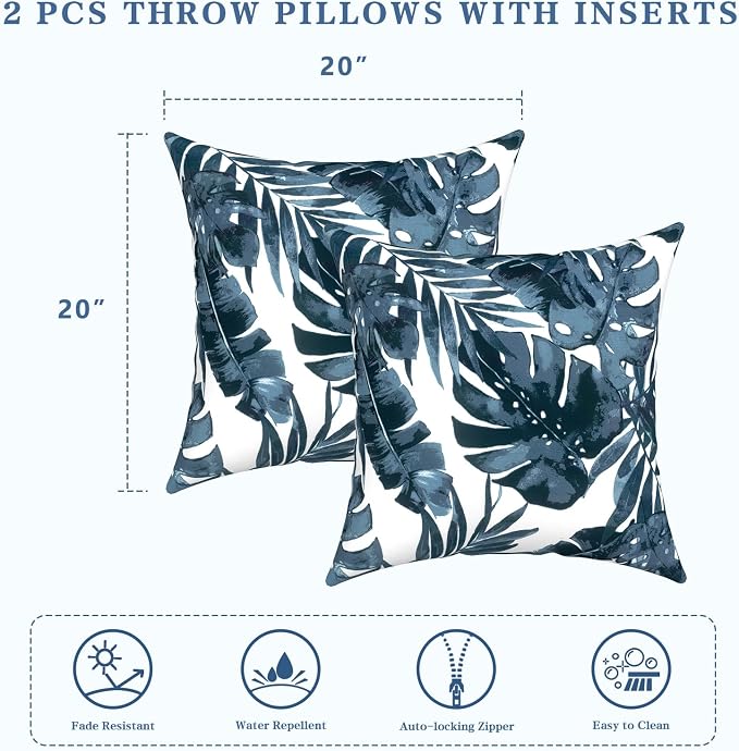 LVTXIII Outdoor Throw Pillows, Decorative Throw Pillows with Inserts, 20"x20" Square Pillows for Bed, Couch, Sofa and Patio Furniture, Set of 2, Palm Blue