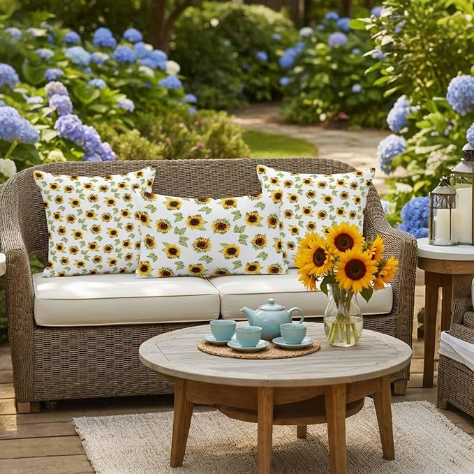 Sunflower Waterproof Outdoor Pillow Covers Set of 2 Home Decor, Yellow Green Botanical Farm Plant Leaves Pillowcase Patio Pillow Covers for Couch Bench Furniture Garden 16x16in