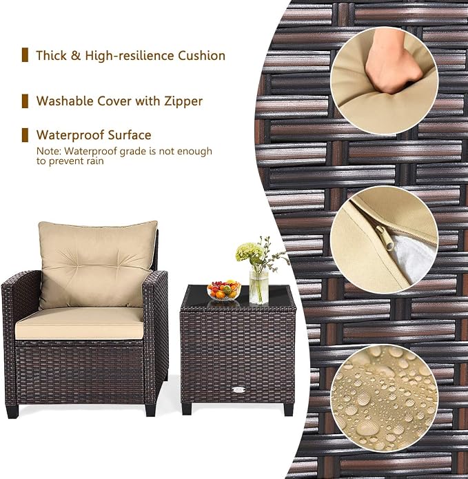 ARLIME 3 Piece Outdoor Patio Furniture Set, All-Weather PE Rattan Wicker Sofa Set w/Removable & Washable Cushion, Modern Conversation Sofa for Garden, Balcony, Swimming Pool, Patio (Beige)