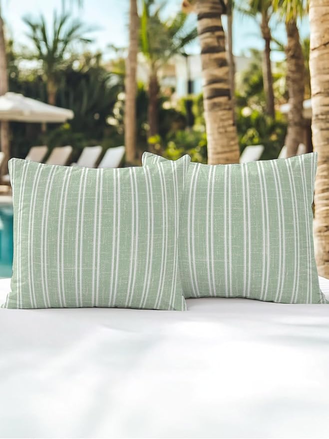 Waterproof Outdoor Pillow Set of 2 Green Linen Striped Decorative Throw Pillows Cover & Insert 16x16 Inch Pillowcase Vertical Stripes Lines Pillows for Couch Sofa Bed Patio Furniture Indoor Outdoor
