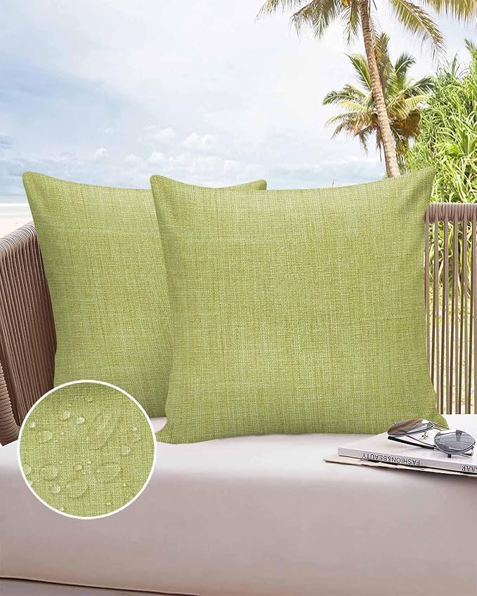 Vandarllin Outdoor Throw Pillows Covers 20x20 inch Set of 2 Waterproof Fruit Green Linen Decorative Zippered Cushion Covers for Patio Furniture, Farmhouse Pure Color Lumbar Pillowcases