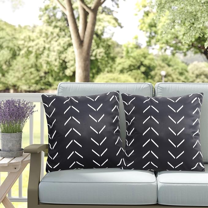 Adabana Geometric Waterproof Outdoor Pillow Covers 18x18 Black and White | Set of 2 Waterproof Design for Patio, Porch, Garden and Beach Decor