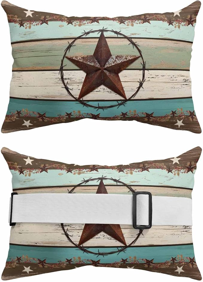 Brown Texas Star Teal Outdoor Lumbar Pillow Covers 12"x20" Set of 4, Decorative Throw Pillow Covers for Patio, Vintage Country Star Turquoise Wooden Waterproof Cushion Case for Pool Beach Chair