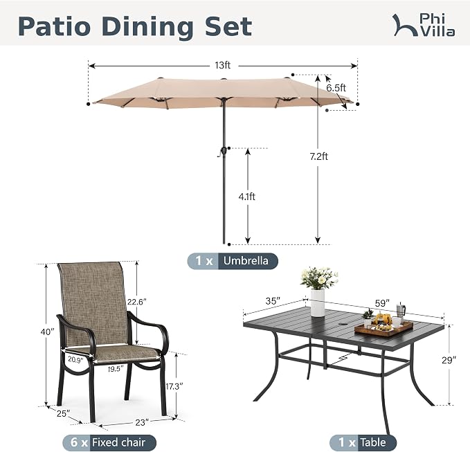 PHI VILLA 8 Pcs Outdoor Dining Set with 13ft Umbrella, Mesh Patio Chairs | 59'' rectangular metal table, 6 textilene chairs and 13ft beige umbrella(NO BASE), all-weather for deck, garden, backyard