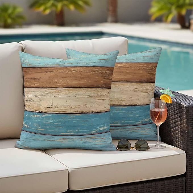 Farmhouse Light Blue Brown Outdoor Waterproof Pillow Covers, Vintage Wooden Striped Decorative Square Throw Pillowcase Sofa Cushion Sham for Patio/Couch/Chair, 24"x24" 2 Pack