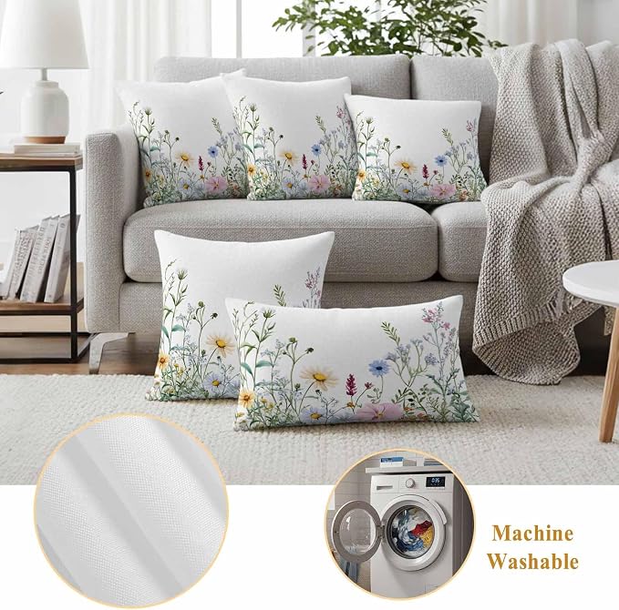 Farms Wildflowers Outdoor Waterproof Throw Pillow Covers Set of 2, 20"x20", Herbs Countryside Watercolor Floral Leaf Decorative Pillow Covers Outside Cushion Case for Patio Porch Garden