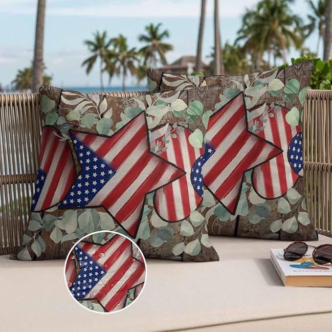 4th of July Waterproof Outdoor Pillow Covers Set of 2 Home Decor, Vintage Eucalyptus Leaf Stars Stripes Flag Pillowcase Patio Pillow Covers for Couch Bench Furniture Garden 26x26in