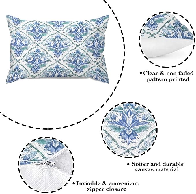 Set of 2 Blue and Green Floral Pattern Pillow Cases 12x18in Cushion Covers Farmhouse Pillows Covers for Couch Living Room Office Soft Rectangle Accent Pillowcase for Kids