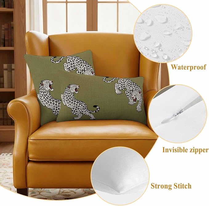 Yukro Green Leopard Outdoor Waterproof Pillow Covers Pack of 2, Modern Style Wild Animal Rustic Linen Texture Throw Pillowcases Decorative Cushion Covers for Garden Patio Tent Sofa Couch, 16x16 inch