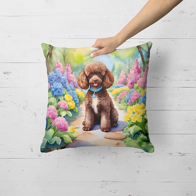Caroline's Treasures Chocolate Poodle Spring Path Throw Pillow Machine Washable, Indoor Outdoor Decorative Pillow for Couch, Bed or Patio, 18Hx18W