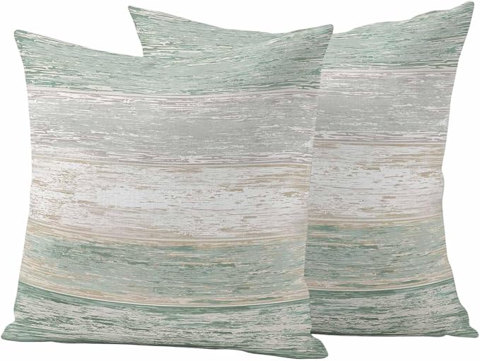 Outdoor Waterproof Throw Pillow Covers, Vintage Sage Green Grey Decorative Pillow Cases, Farmhouse Barn Wooden Striped Couch Pillow Protector Patio Sofa Cushion Covers Replacement 18"x18" 2 Pack