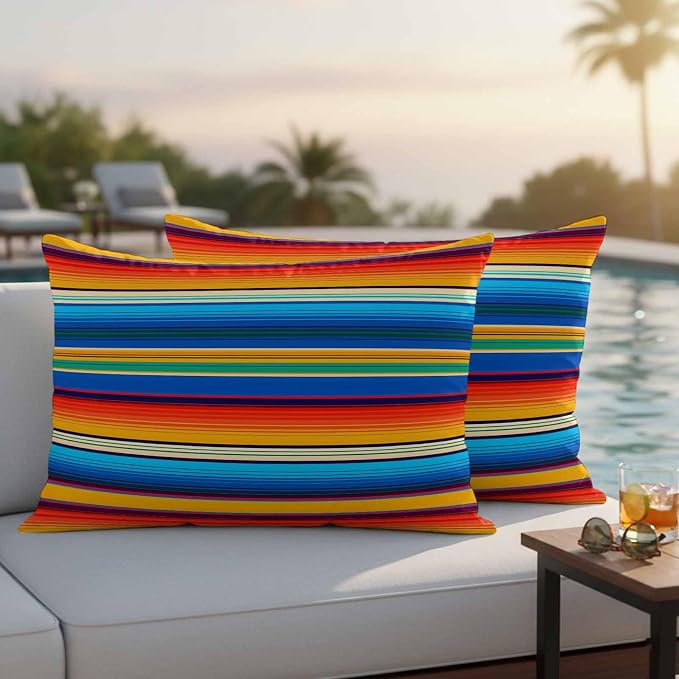 Colorful Striped Outdoor Pillow Covers 20x12 Inch Lumbar Pillow Covers Set of 2 Waterproof Decorative Throw Pillow Cases Boho Rainbow Abstract Stripes Lines Cushion Covers for Patio Furniture Garden