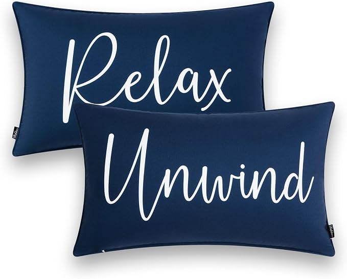 Hofdeco Porch Patio Indoor Outdoor Lumbar Pillow Cover ONLY for Backyard, Couch, Sofa, Navy Blue Relax Unwind, 12x20, Set 03-0411-D 0