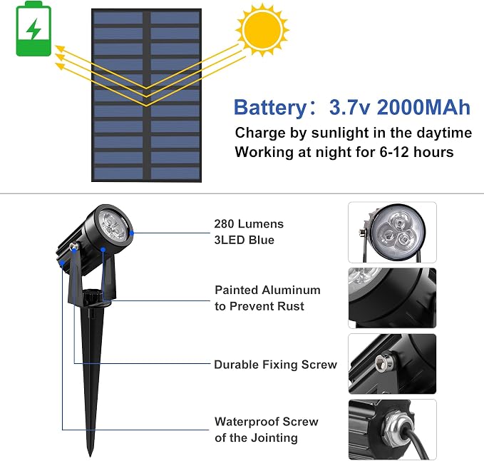 Blue Solar Spot Lights Outdoor,2 Pack Solar Landscape Spotlights IP65 Waterproof 9.8ft Cable, Auto On/Off Outdoor Wall Lights for Garden Yard Driveway Porch Walkway Pool (1-in-1)