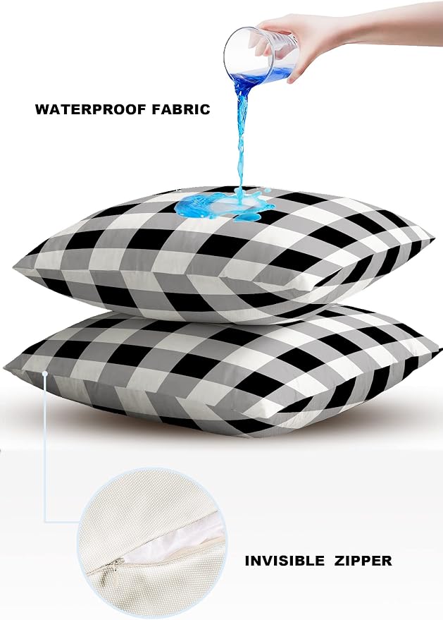 Outdoor Waterproof Pillow Covers for Patio Furniture Buffalo Check Decorative Throw Pillow Cover Black White Plaid Rustic Pillowcases Set of 2 Cushion Case for Sofa Couch Chair Home Decor 18 x 18 Inch