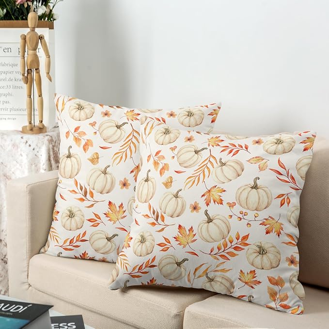 Fall Pumpkins Pillow Covers Autumn Thanksgiving Pillow Cases 20x20 Set of 2 Orange Maple Leaves Throw Pillow Covers Harvest Farmhouse Cushion Cases for Home Sofa Couch
